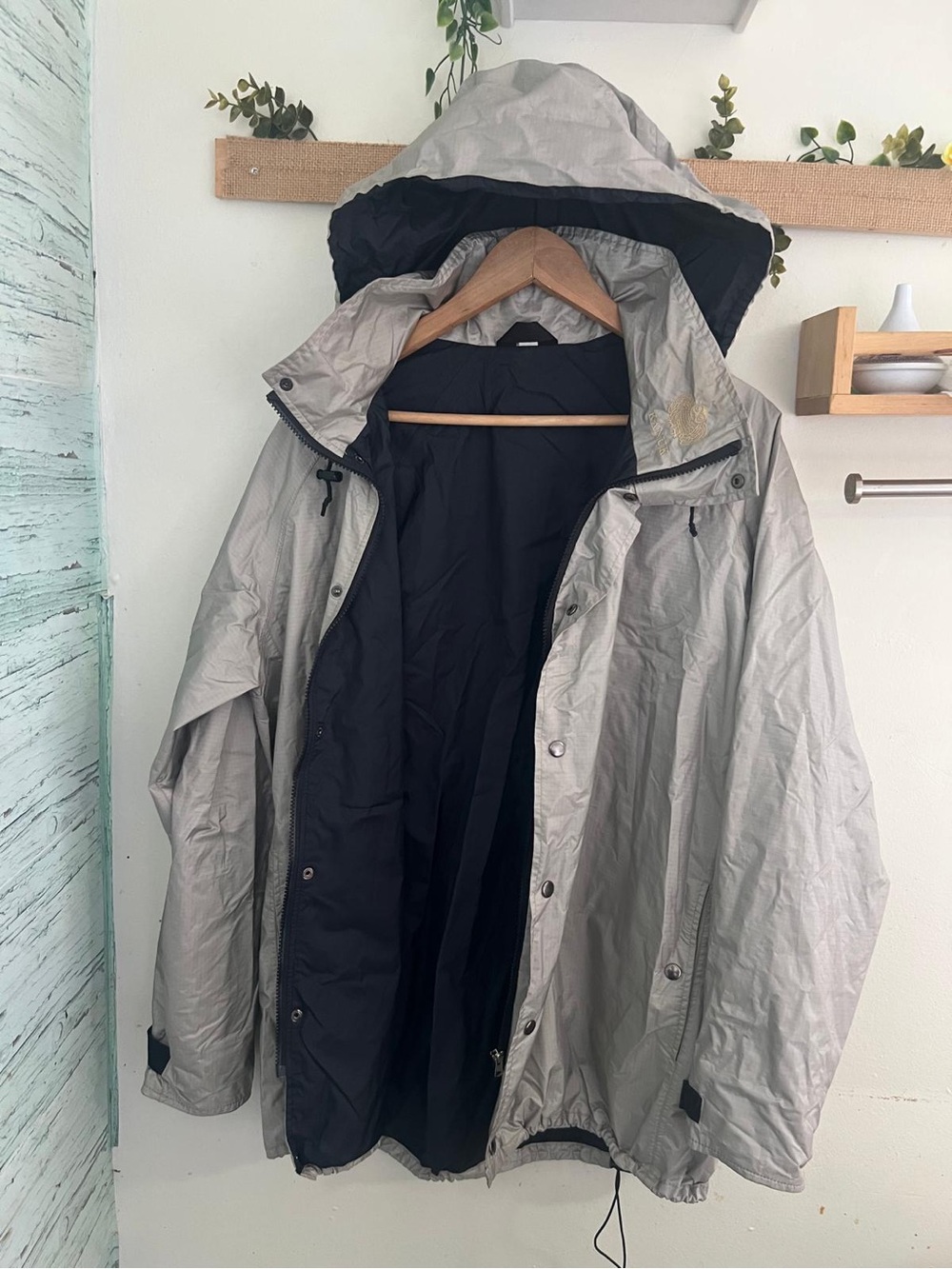 Men's Hooded Raincoat Jacket in Light Gray with Black Lining